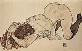 Egon Schiele Famous Paintings - Kneeling girl on both elbows supported